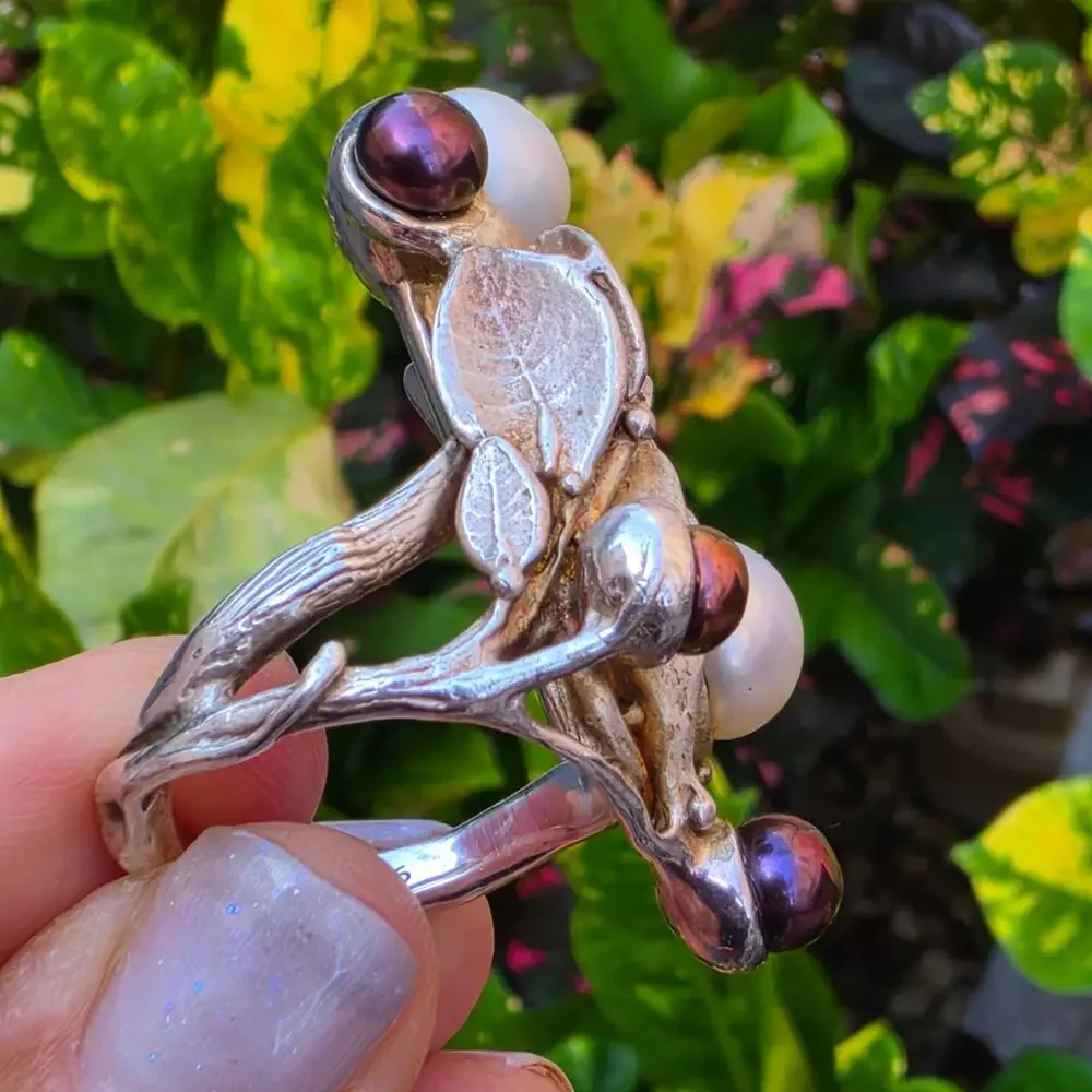 Vintage Sterling Silver Faux Pearl Botanical Statement Ring Sz 8.5